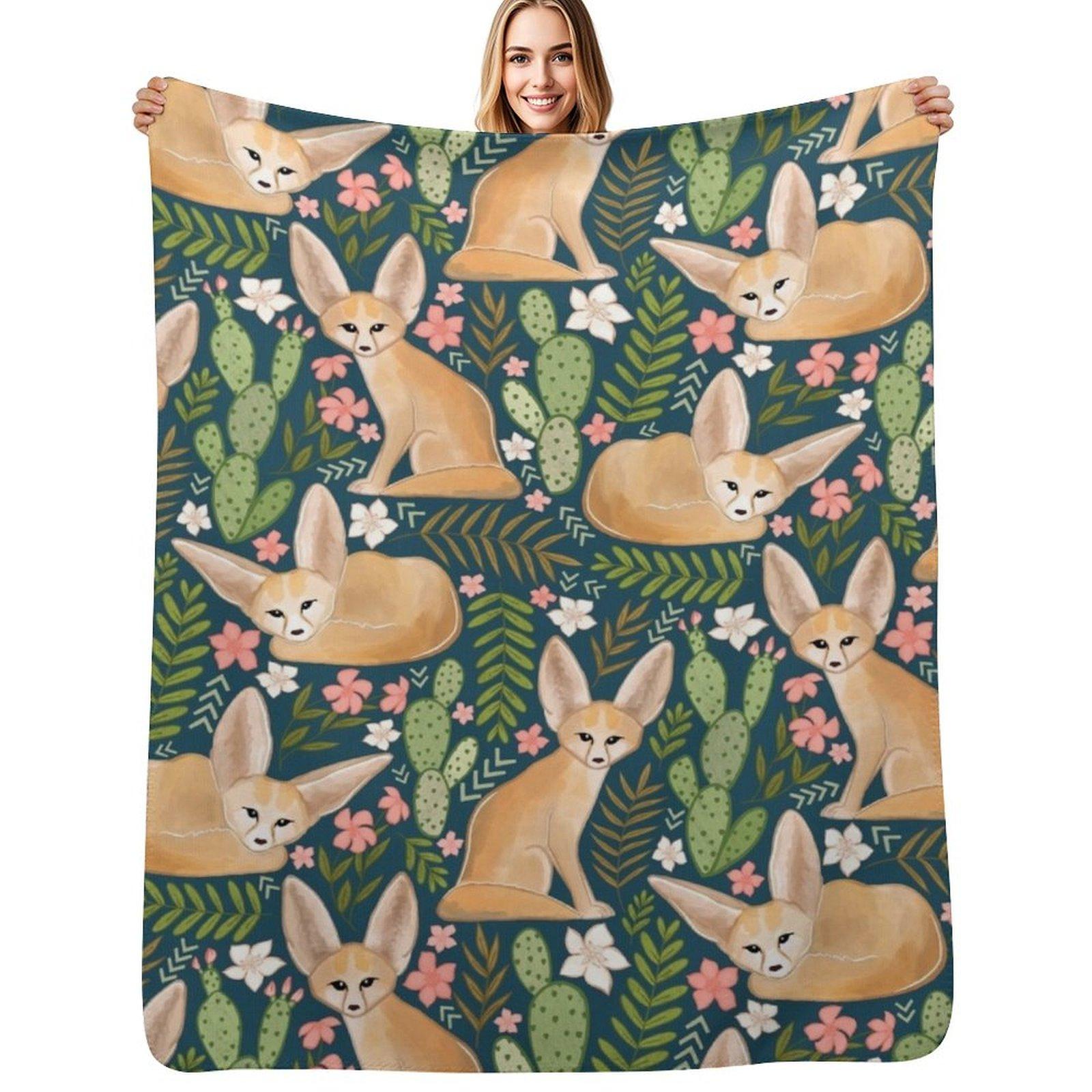 Fantastic Fennec Foxes on Navy Throw Blanket Cozy Home Blanket Gift for Christmas Holiday Size: 75*100cm, Weight: 230 GSM