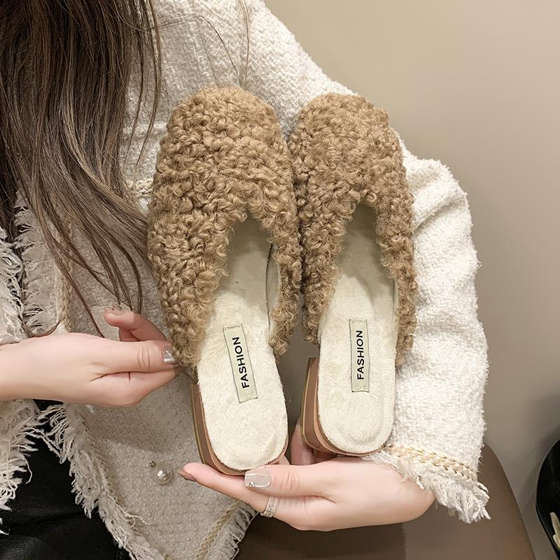 Aphixta 2.5cm Square Heel Warm Winter Furry Slide Kid Suede Women Slippers Women Shoes Round Toe Low Heel Slip On Hair Slides