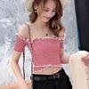 Women's Slash Neck Solid Short Sleeve Knitted Ruffles T-Shirt