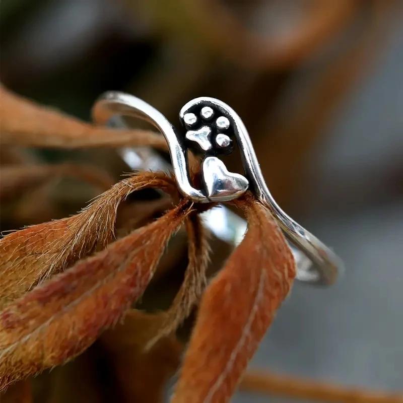 Huitan Pet Footprint and Heart  Cute Women Ring Fresh Style Party Daily Trendy Versatile Finger Accessories Metal Female Jewelry