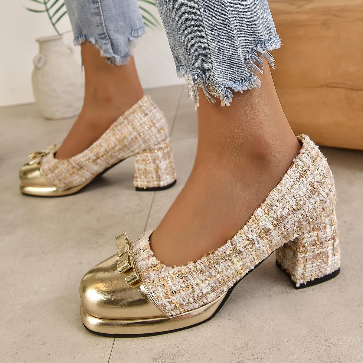 

Туфли Мэри Джейн большого размера из твида в клетку с бантом, дышащие, неглубокие, милые, на толстом каблуке, серебристые, женские туфли-лодочки, туфли-мюли цвета шампанского 37 золотой