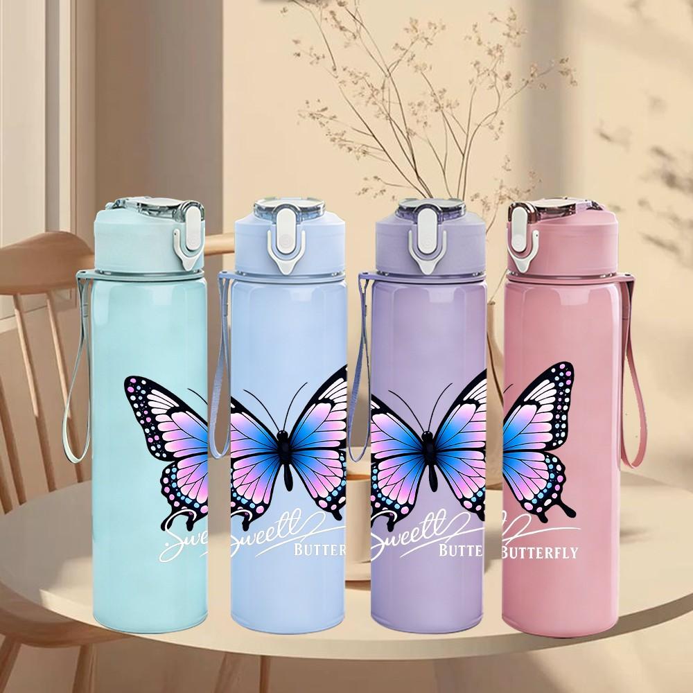 1PC Blue Purple Butterfly Art Print 750ml Color Plastic Sports Water Bottle Leakproof Flip Straw Lid Suitable for Sports Office Home Use
