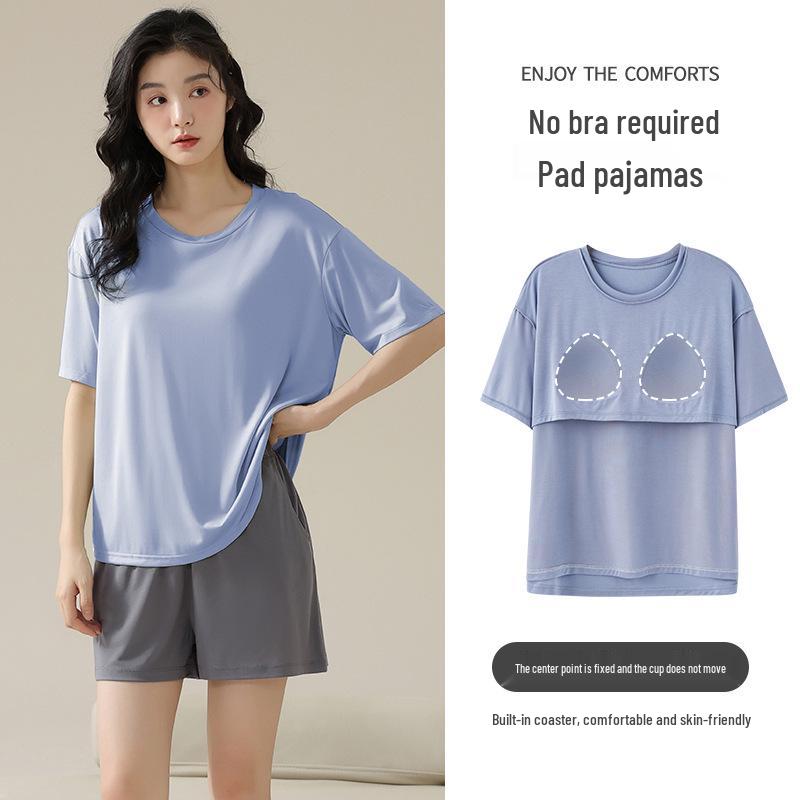 Women's Summer Modal Pajama Set with Chest Pad - Short Sleeve and Shorts, Cool Rayon, Anti-Bump, Suitable for Outdoor Wear