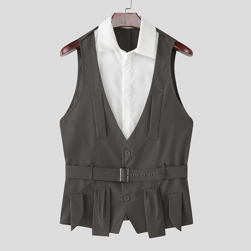 INCERUN Men Lapel Sleeveless Fake Two-piece Belt Waist Vest Waistcoats