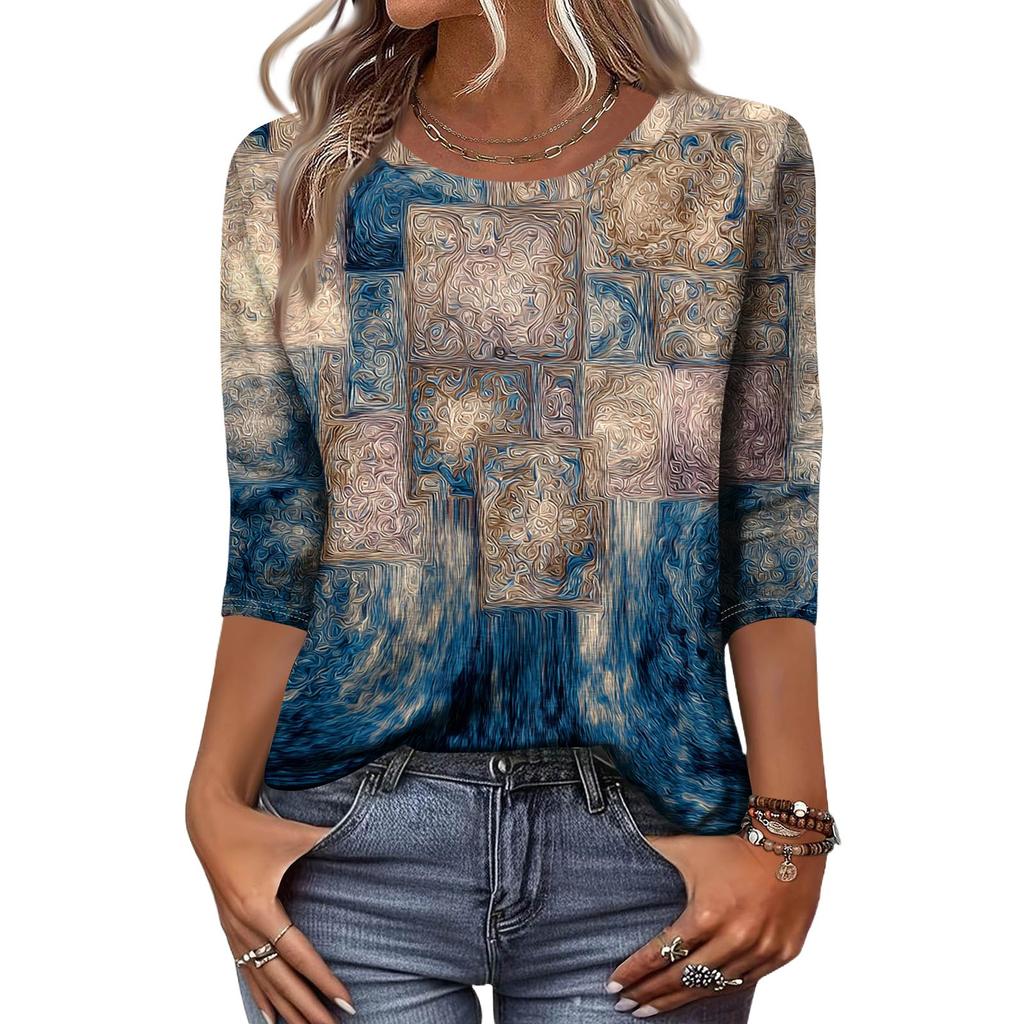 Trendy Vintage 3/4 Sleeve Top For Women,Ladies Casual Three Quarter Sleeve Round Collar Printed T-Shirt Blouse