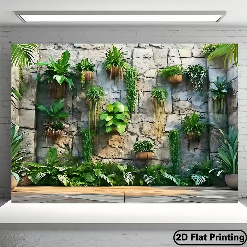 Bohemian Greenery Wall Tapestry, Potted Tropical Plants On Stone Wall Hanging for Backyard Decoration