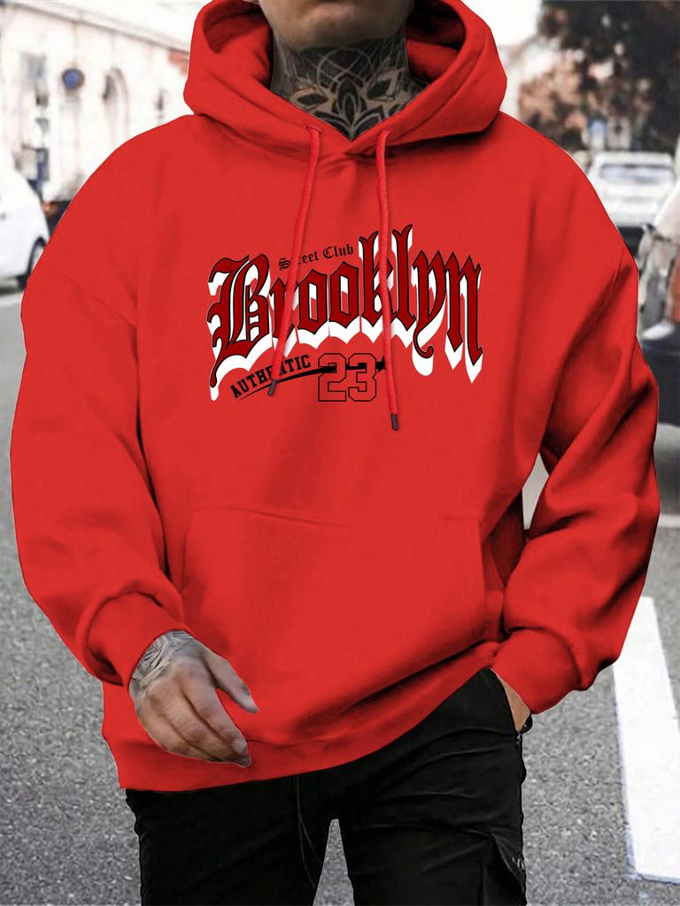 Brooklyn 23 Letter Print Men'S Pullover Fashion Warm Hoodie Casual Pocket Man Hooded Autumn Big Size Streetwear