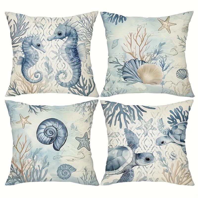 4pcs Starfish and Shell Pillow Covers Suitable, Bedroom, Living Room - French Country Nautical Cushion Cases with Zipper Closure, Double-Sided Beach D