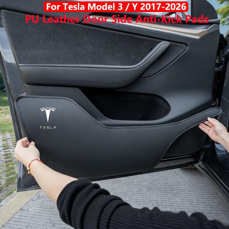 Pads Anti-Coup de Pied pour Portes de Voiture Pour Tesla Model Y Juniper / 3 Highland Panneau de Porte Latérale en Cuir Protecteur Anti-Salissure Décoration de Voiture