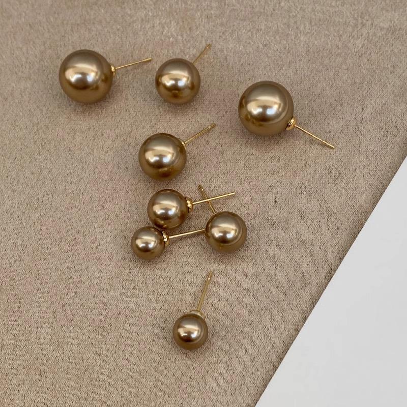 Vintage Champagne Brown Pearl Stud Earrings - 925 Sterling Silver, Sweet & Stylish Design for Women
