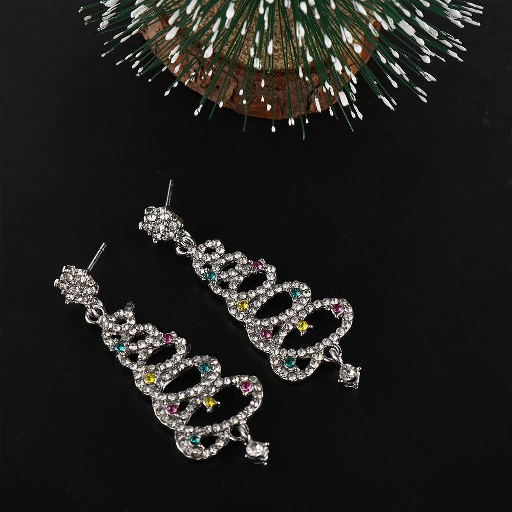 Zinc Zinc Alloy Christmas Tree Earrings Silver Christmas Earrings Elegant Rhinestone Dangle Earrings  Girl