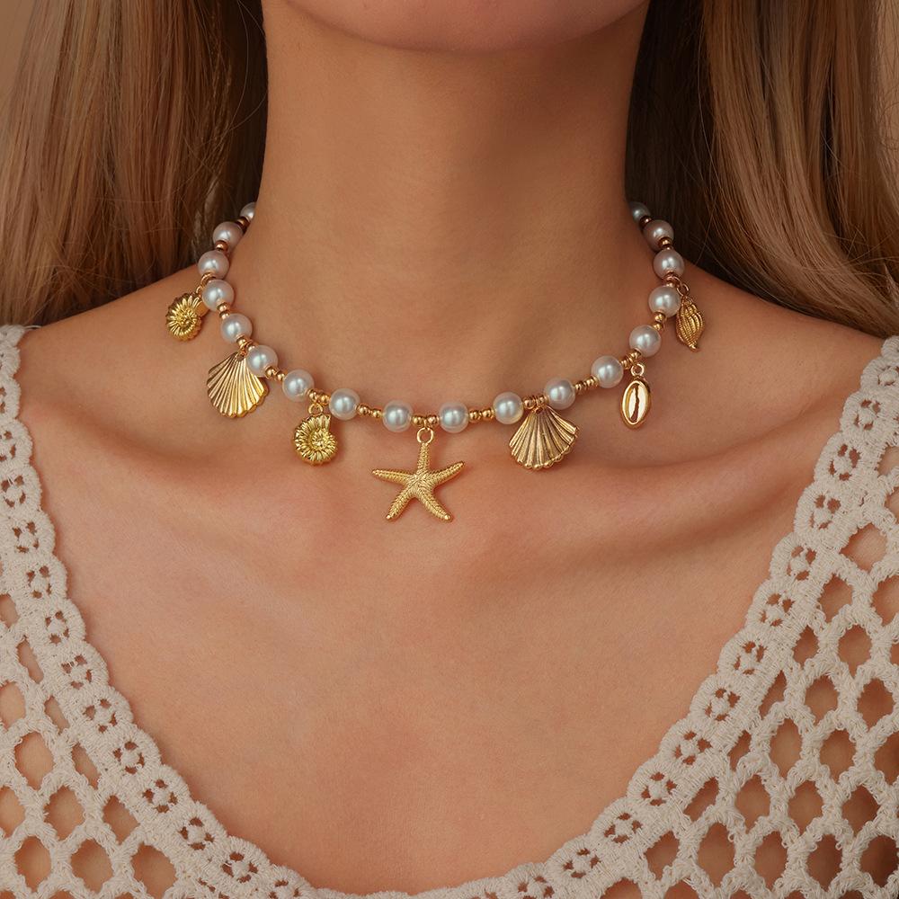 Personalized fashion bead string, European and American irregular star collarbone chain, pearl alloy starfish necklace for women