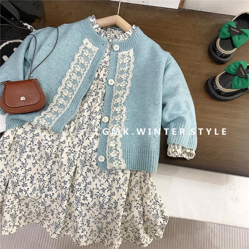 Ensemble Robe Florale d'Automne pour Filles Coréennes et Gilet à Bordure en Dentelle