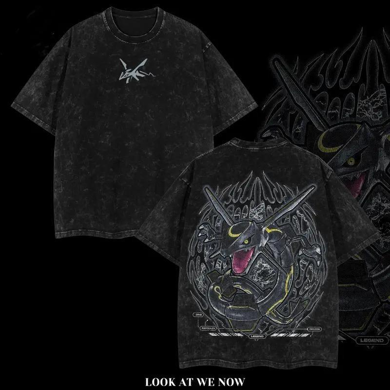 Rayquaza Vintage Washed Black T-Shirt Oversized Unisex Anime Graphic Pokemon S разноцветный