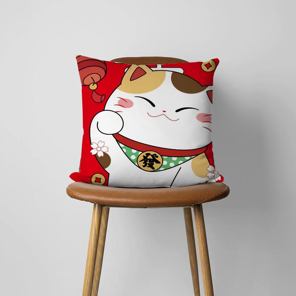 Maneki Neko Rich Luck Money Cat Cushion For Bedroom Car Coffee Shop Room Soft and Living Room Sofa Decorative Pillow Cover Case