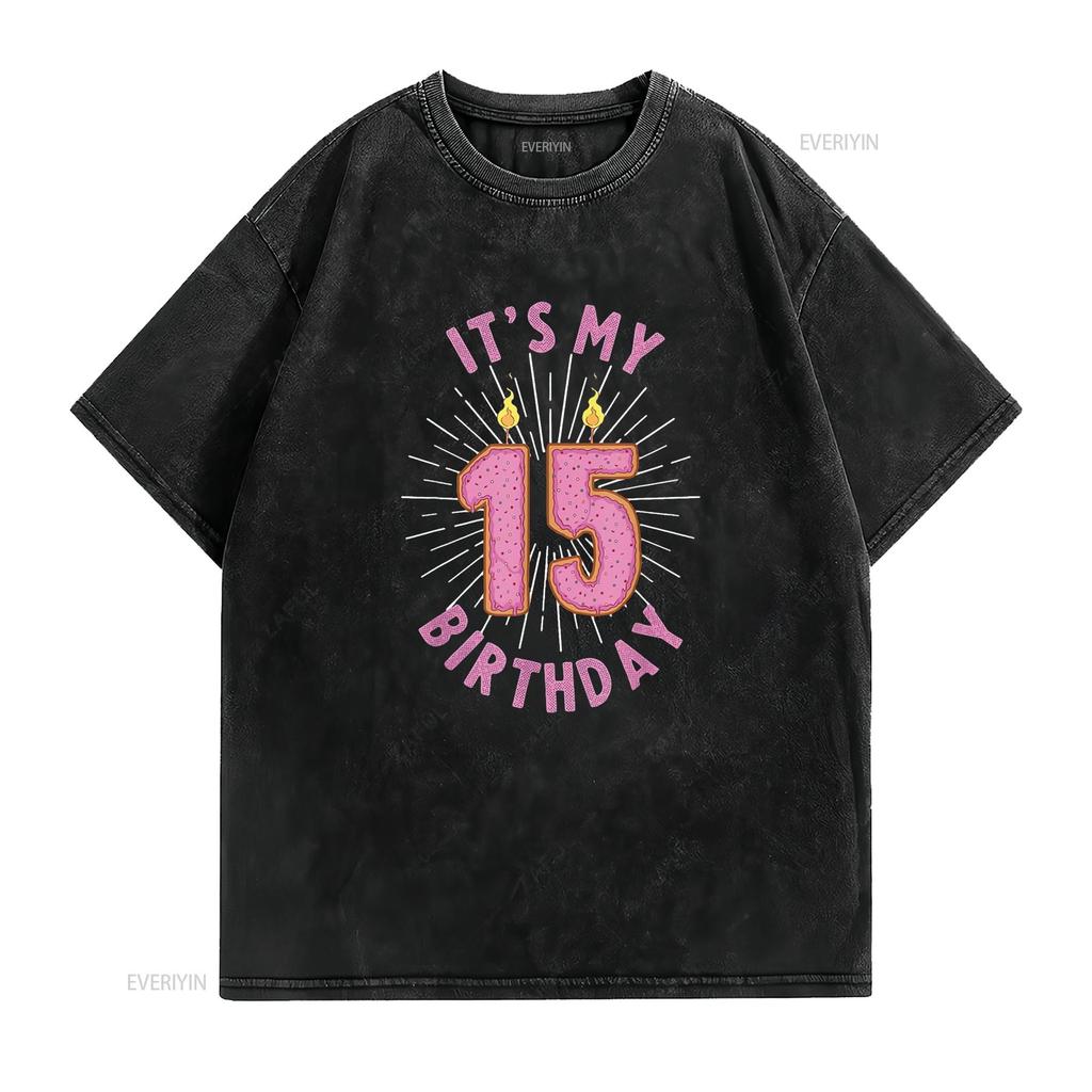 Womens 15 Year Old Girls 15Th Birthday Funny Donut Anniversary T Shirt Black 2XL vintage Washed Breathable Slightly fashion
