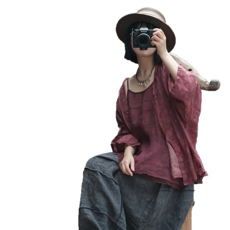 Versatile Ramie Loose Camisole with Frayed Edges - Zen Atmosphere, One Twist Red