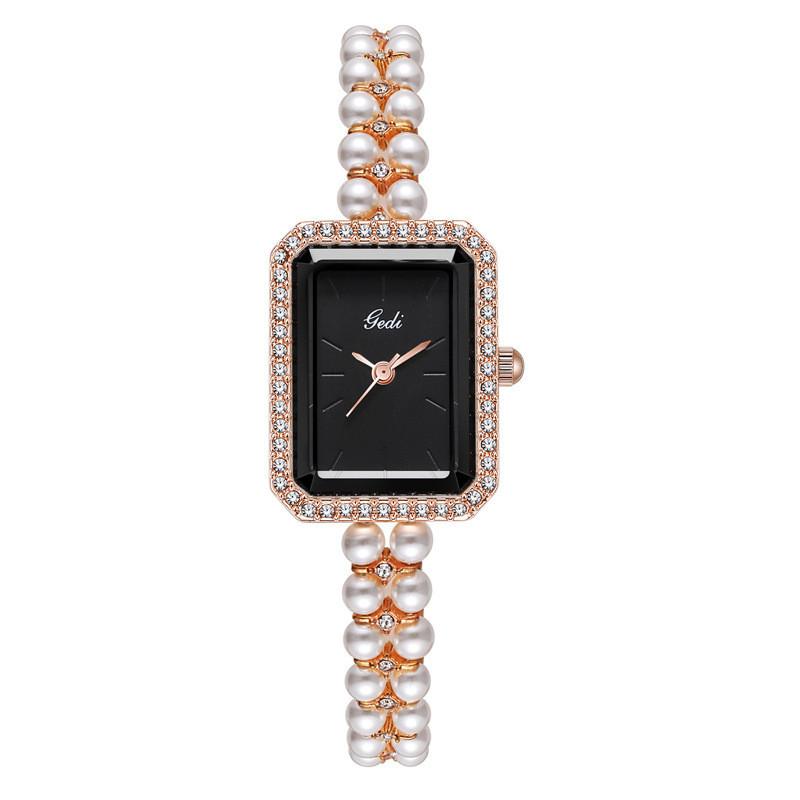 

Womens Quartz Watch With Artificial Pearl Watch Strap And Rhinestone Decor For Elegant Dress And Gift Giving RoseBlack