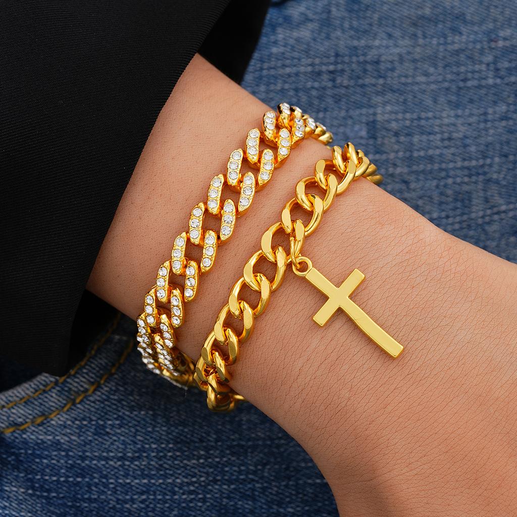 2Pcs/Set Gold Color Crystal Cross Cuban Bracelets for Women Men Punk Chunky Wide Unisex Bracelets Set Hip Hop Daily Wear Jewelry