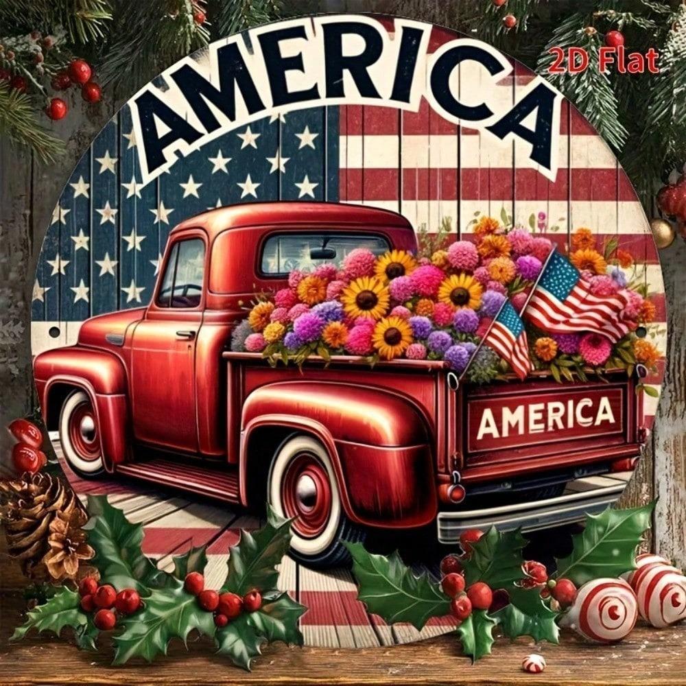 1pc Patriotic Red Truck Metal Sign with Floral Wreath, Round Wall Decor for Home Patio Garage Bar