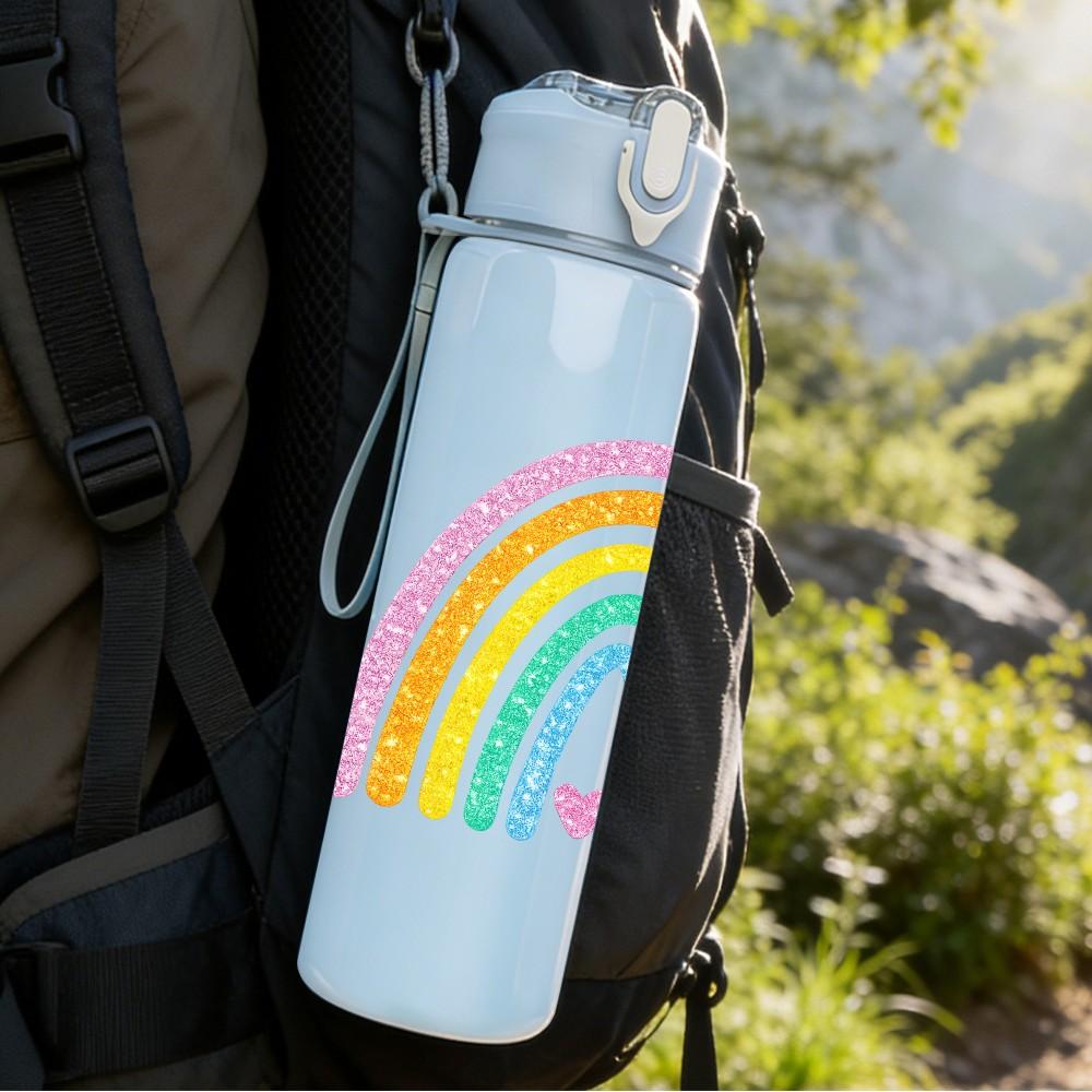 1PC Soft Pastel Rainbow Curve Art Print 750ml Color Plastic Sports Water Bottle Leakproof Flip Straw Lid Suitable for Sports Office Home Use