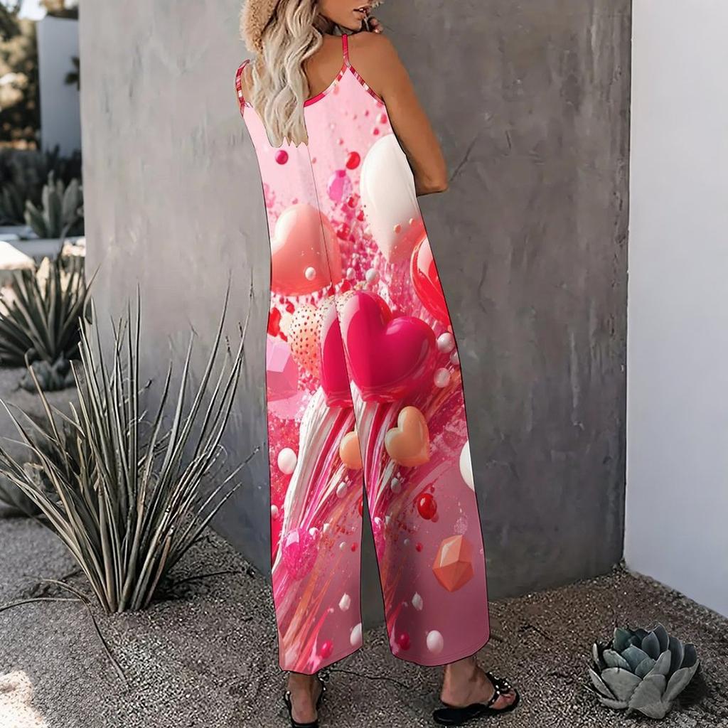 Women Spaghetti Strap Jumpsuit Pink Heart Flower Print Wide Leg Pants With Pockets