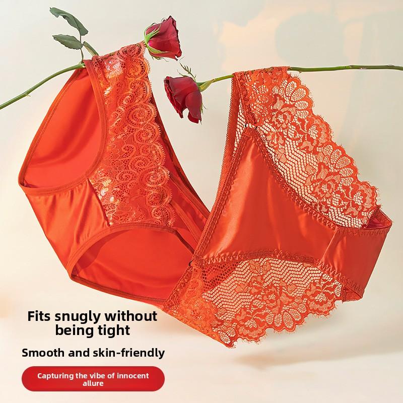 Female Summer New Style Red Satin Sexy Lace Semi Through Hollow Net Gauze Triangle Briefs