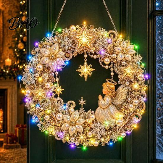 Festive Door Hanging Ornament DIY Acrylic Christmas Faux Pearl Art Kit, Lighted Wreath 3D Beaded Craft Mantelpiece Kit with LED String Light, Beginner