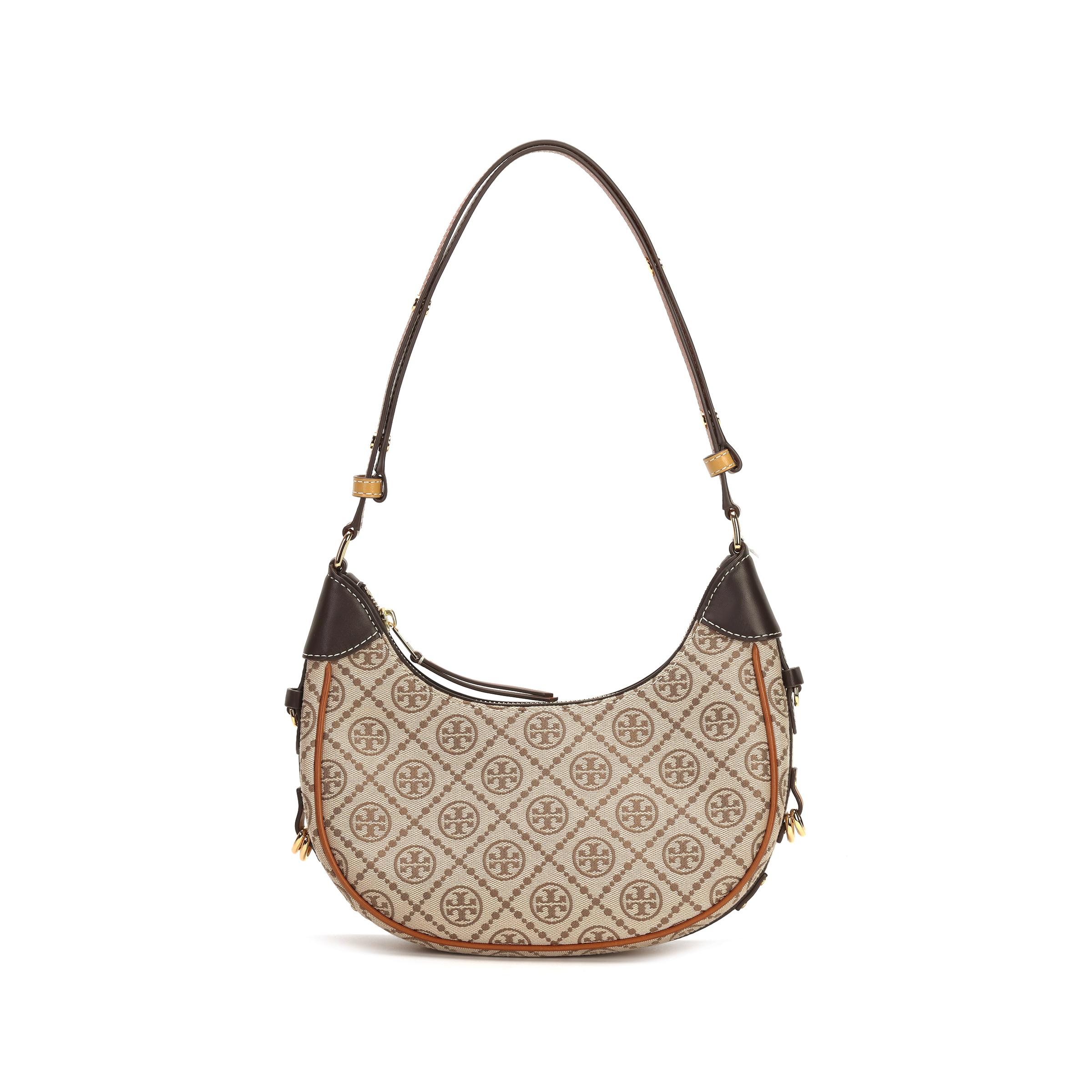 

Tory Burch T Monogram Brand Print Pattern Zipper Closure Jacquard Underarm Bag Crescent Handheld Shoulder Bag Women Bags Hazelnut-Brown 161302-371 Basic Set (Bag+Dust Bag)