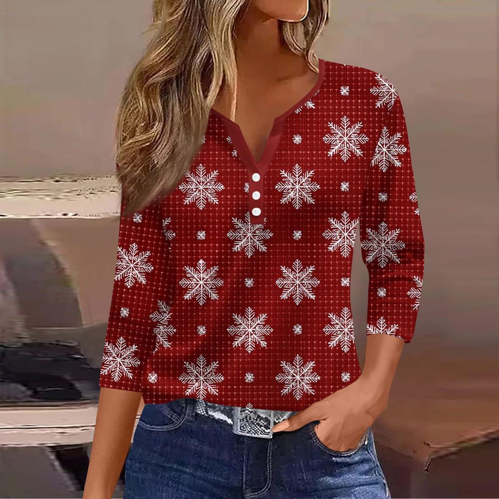 Maglietta Top da Donna Moda Casual Stampa Albero di Natale Scollo a V Bottone Decorativo Manica a Tre Quarti