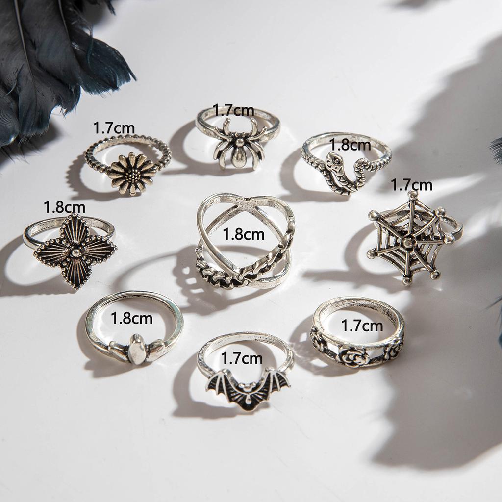 JMXD-Dark Gothic Punk Stackable Statement Animal Rings Set 9 Pcs Carved Spider Snake Design Unisex Jewelry
