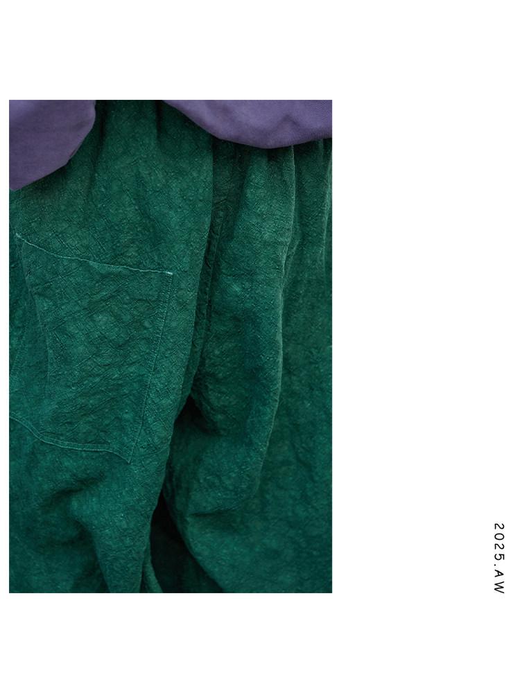 Spring Artistic Retro Forest Green Loose Linen Double-Layer Elastic Waist Pants