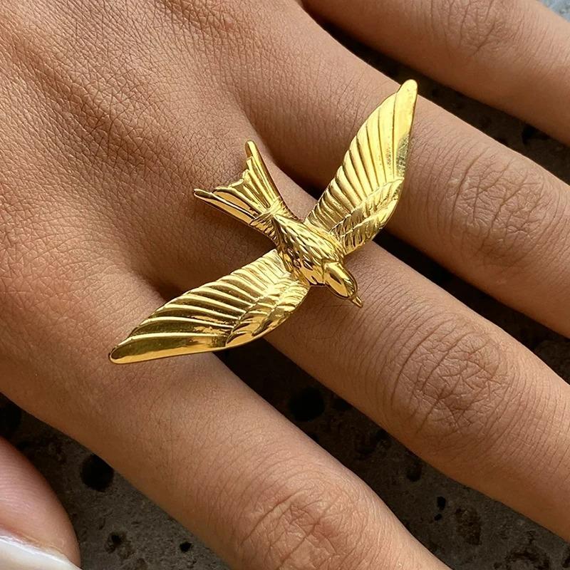 Stainless Steel Peace Dove Elegant Open Rings for Women Adjustable Punk Style High-End Retro Style Non Fading Jewelry Accessory