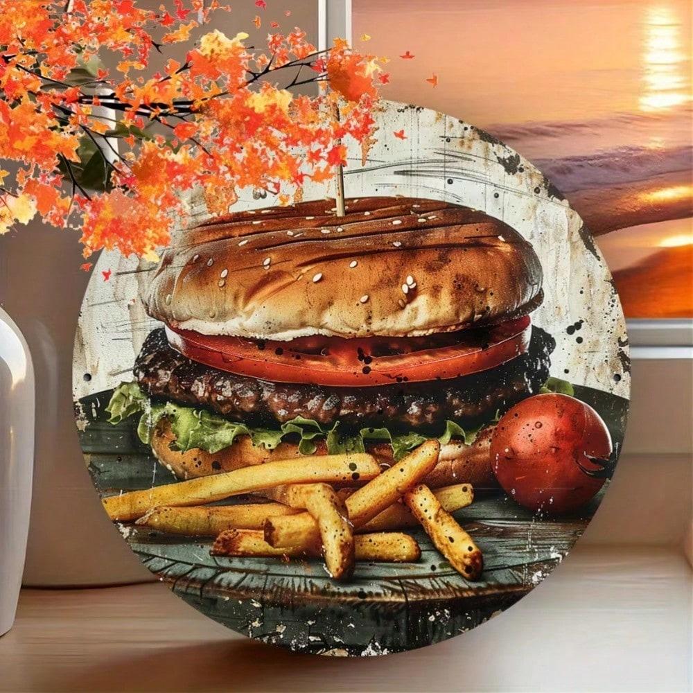 

Retro Metal Burger Sign, 8x8 Inch Foil Embossed Tin Plate, Vintage Wall Art for Kitchen Garage Bar, Indoor Outdoor Decor 20x20 білий