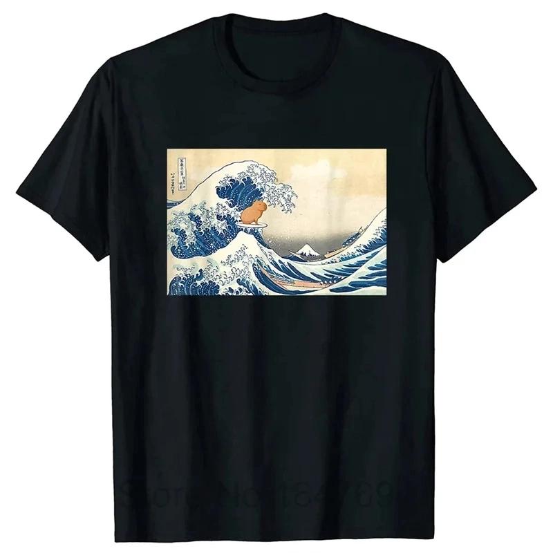 Printed Funny Capybara T-shirt For Women Retro Pattern T-shirts Summer Casual Fashion Loose Round Neck Tops Streetwear