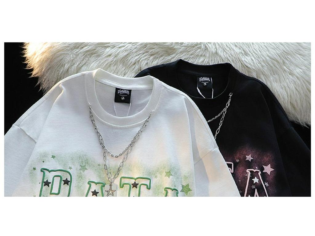 Unisex Star Letter Necklace Graphic Tee - Trendy, Pure Cotton, Loose Fit, Short Sleeve, High Street Summer Style
