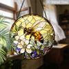 2D Flat Stained Glass Vintage Bee Window Decoration, 7.87inches Bee Flower Design Colored Glass Plate with Chain, Charming Spring Summer Sun Catcher