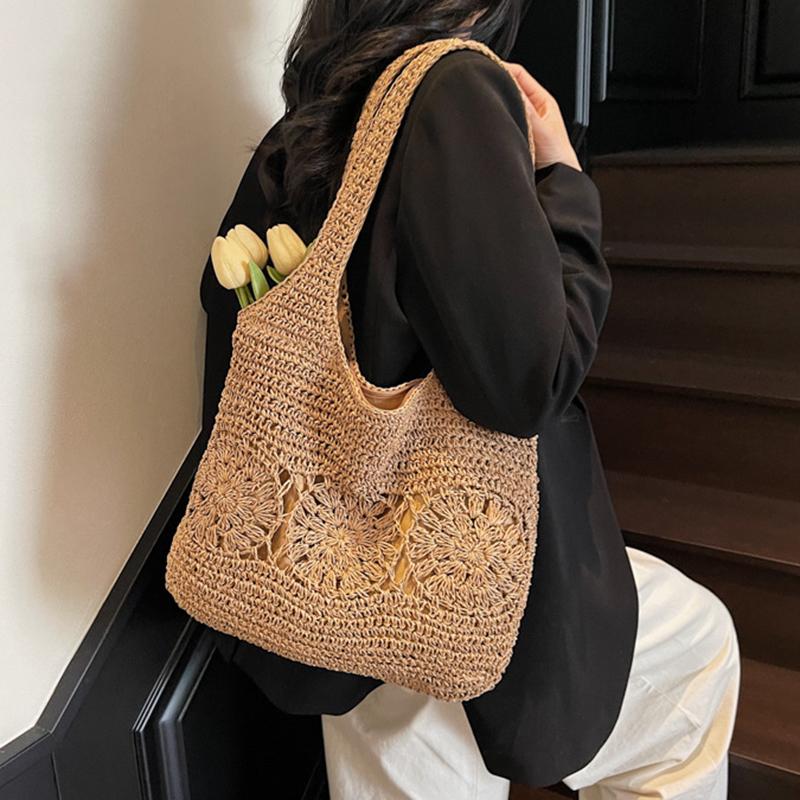 Yogodlns Large Straw Beach Bag with Zipper Summer Shoulder Bag Handbag Hobo Bag Shoulder Purse for Women Travel Vacation