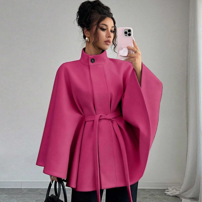 Women Elegant Stand Collar Belted Cape Style Polyester Coat