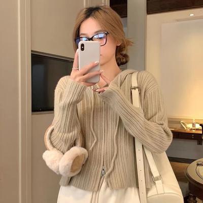 Korean Chic Unique Double Zipper Hooded Knitted Cardigan Women Spring and Autumn Advanced Short Sweater Cardigan Coat Female Top