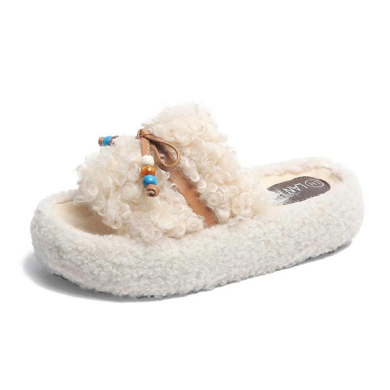 

Thick-soled lamb wool slippers women wear piled warm non-slip Internet celebrity autumn and winter fluffy one-word cotton slippers 35
