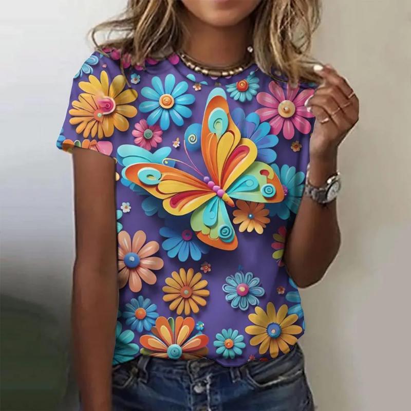 Fashion Women's Crew Neck T-Shirt 3D Flower Color Printing Crew Neck Short Sleeve