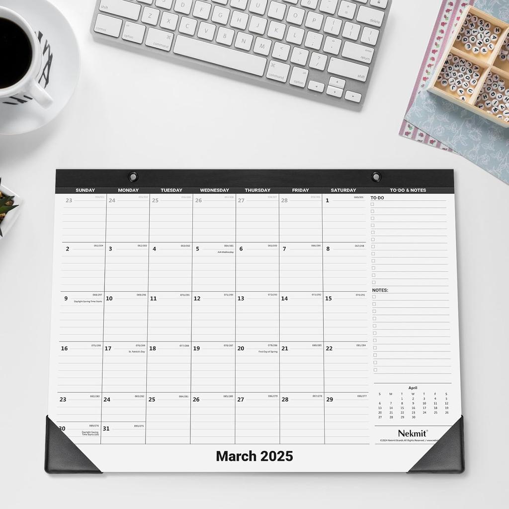 Nekmit Desk Calendar 2026, Yearly Monthly Desk Pad Calendar for Planning, Ruled Blocks, January 2026 - December 2026, 14" x 11", Black