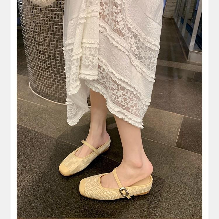 ~ Height increase of 5cm~ Holiday style straw woven square head sandals lazy half drag female summer