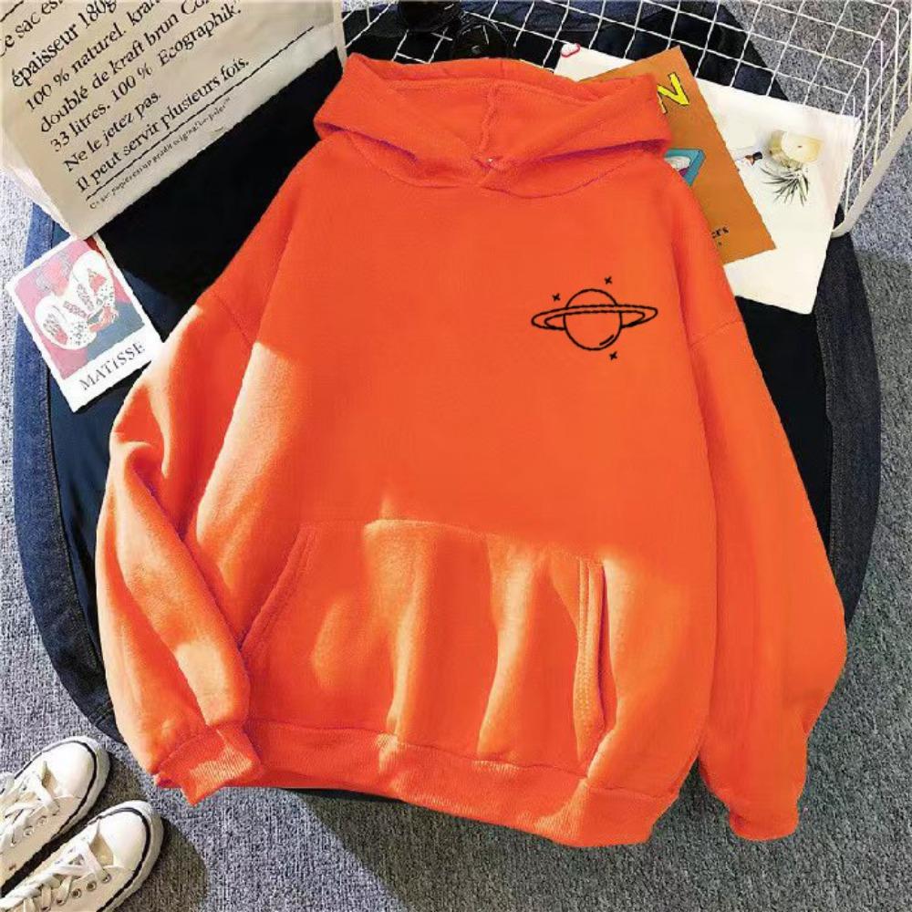 New Sweater Women's Autumn and Winter Korean Version Loose Lazy Wind Planet Printing Versatile Hooded Top Velvet Student Sweater