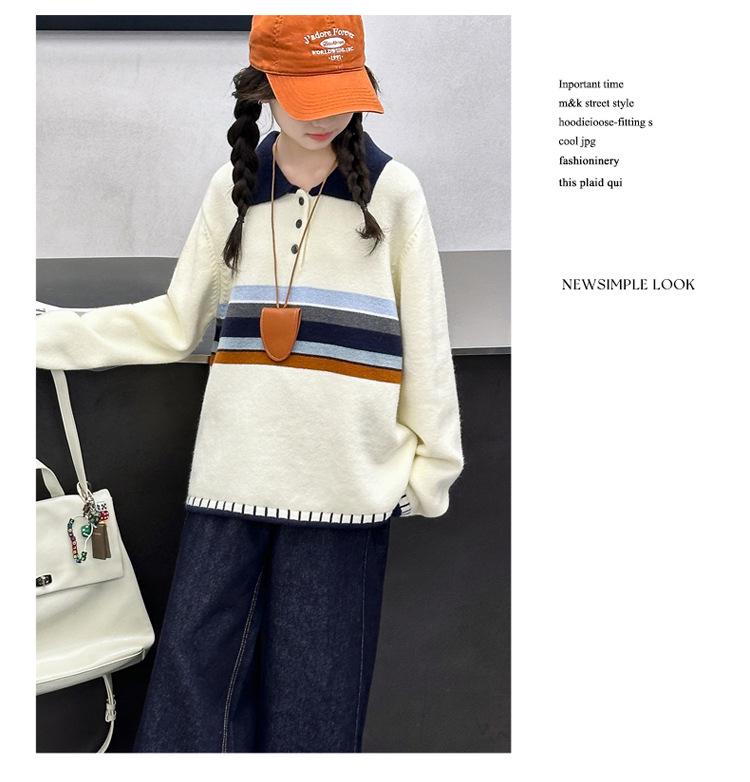 Girls' 2025 Colorblock Polo Sweater: Trendy Knitted Top for Big Kids in Korean Style