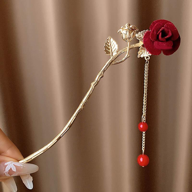 

Заколка для волос с кисточкой в китайском стиле с красным цветком для женщин