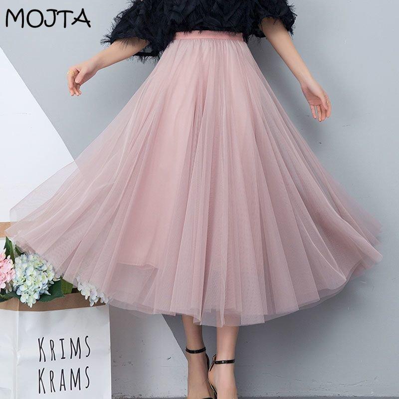 MOJTA Mesh Half Length Skirt Women High Waist Pleated Skirt