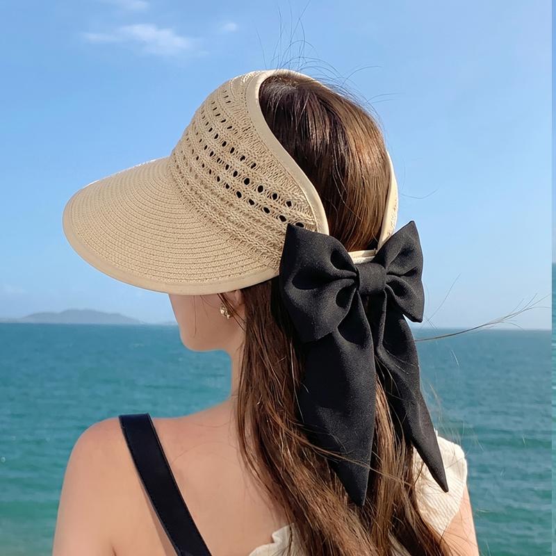 Summer sun hat women's Korean version fashionable bow top sun hat outdoor travel straw woven large eave sun hat