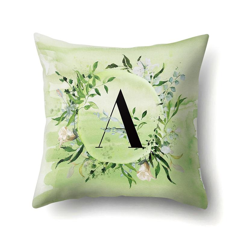 Polyester Pillowcase Car Decoration Small Fresh Green Leaves 26 English Letter Printing Pillow Cushion Cover